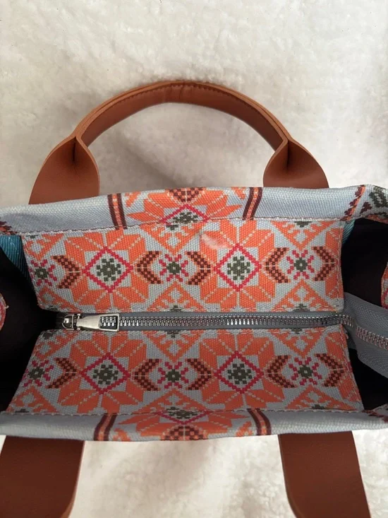 Woven Aztec Tote Bag with Brown Leather Trim - Picture 3 of 6